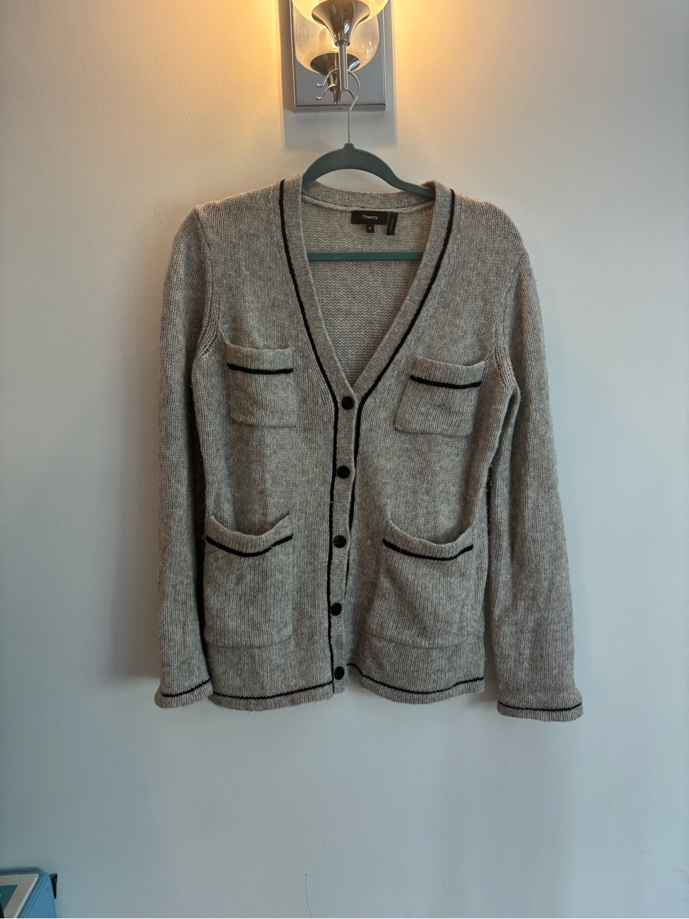 Theory Gray Cardigan with Black Trim and Patch Pockets